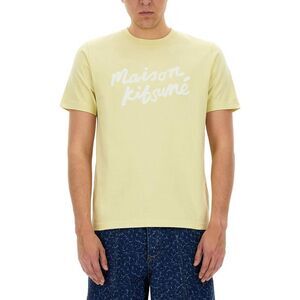 MAISON KITSUNE Men's Short Sleeve T-Shirt with Script Logo Men Beige T-Shirts